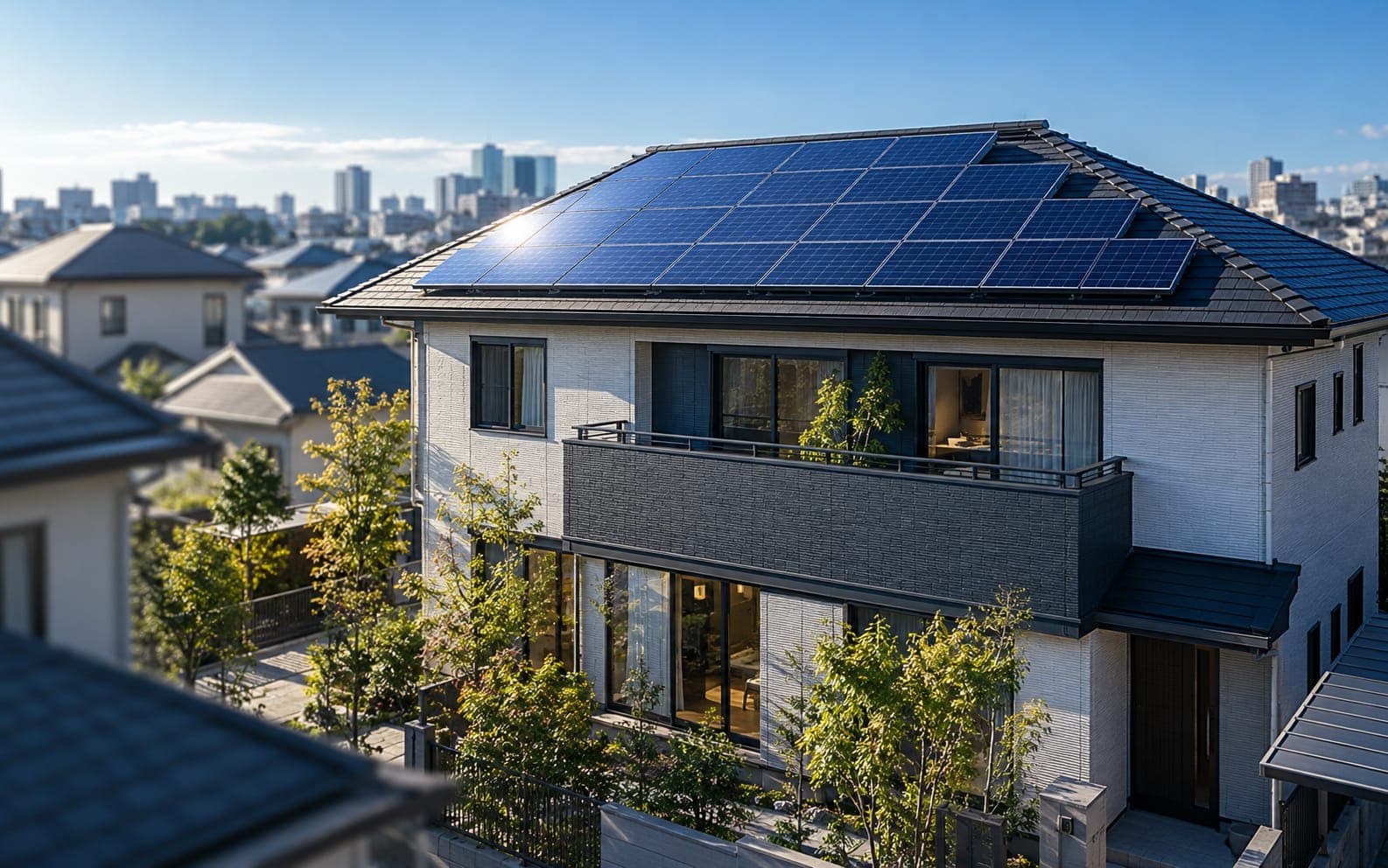 住宅の屋根に設置された太陽光パネル