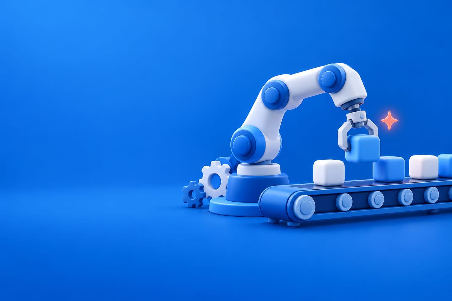 ブロックを組み立てるロボットアームの立体イラスト(AI業務自動化のイメージ)