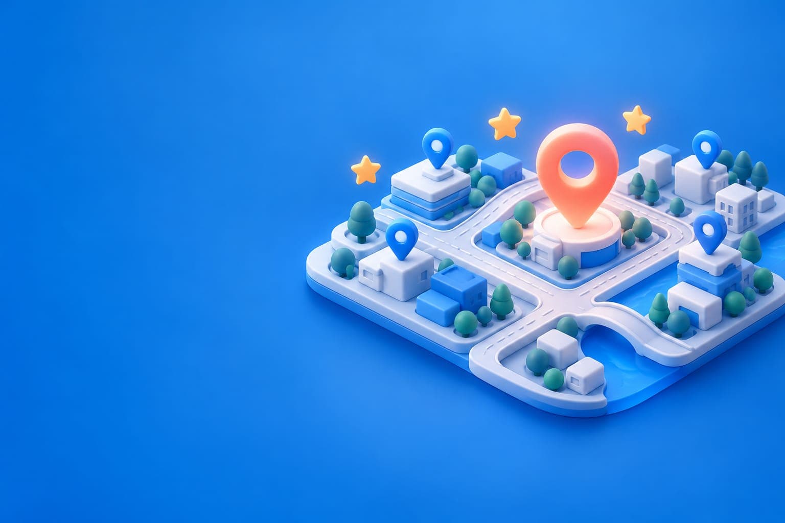 地図の上に並ぶピンと口コミの星の立体イラスト(MEO対策のイメージ)