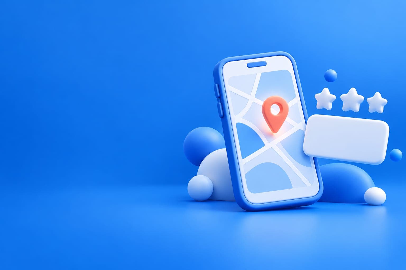 地図アプリと口コミを表示したスマートフォンの立体イラスト(Googleビジネスプロフィールのイメージ)