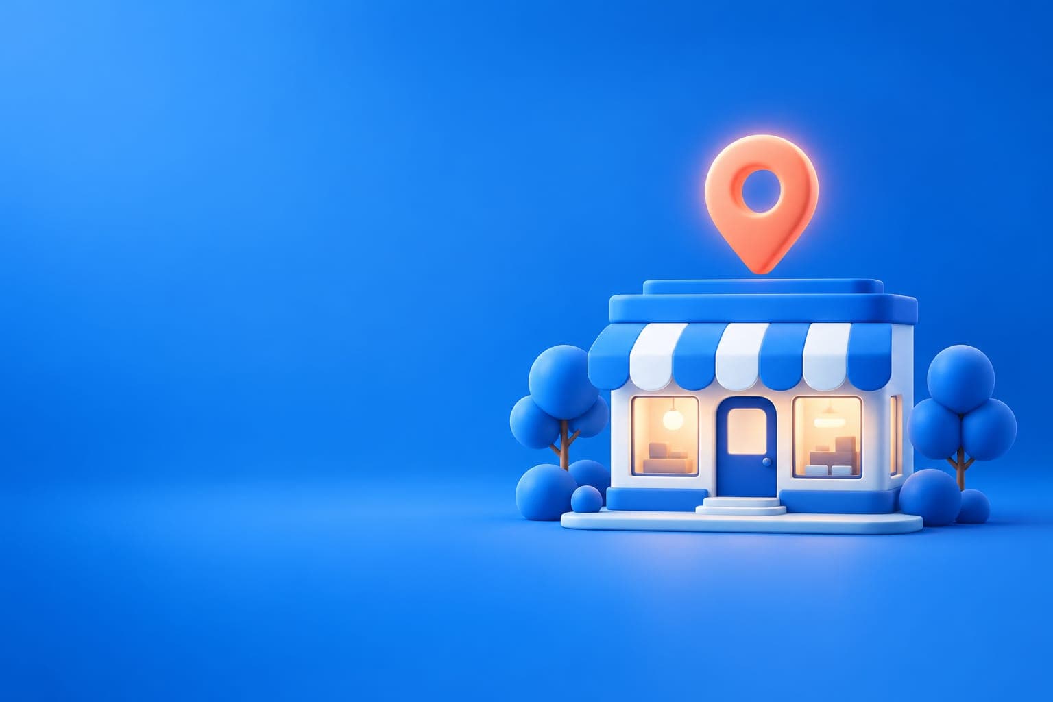 店舗の上に地図のピンが浮かぶ立体イラスト(地域集客のイメージ)