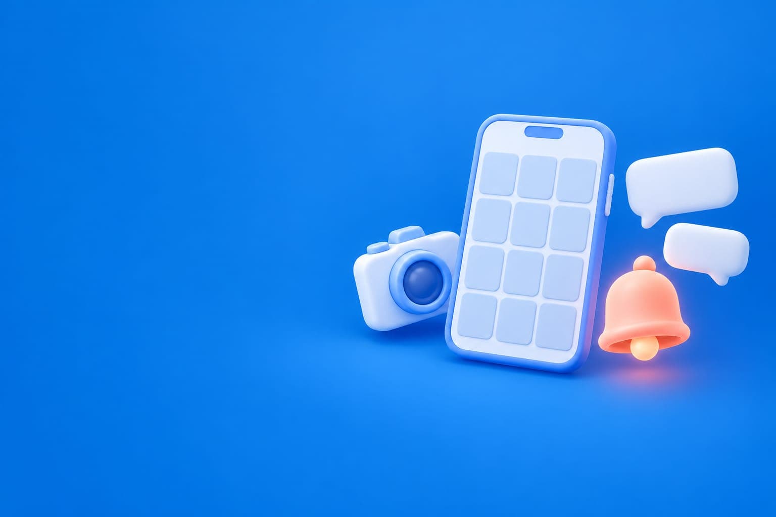 写真が並ぶスマートフォンとカメラの立体イラスト(SNS運用のイメージ)